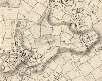 Ancienne carte du nord de Londres en 1746 par John Rocque - Highgate, Clapton, Stoke Newington, Tottenham, NW5, NW1, N1, N7, N5, N16, N4, N9, N6, E5, E8, E9