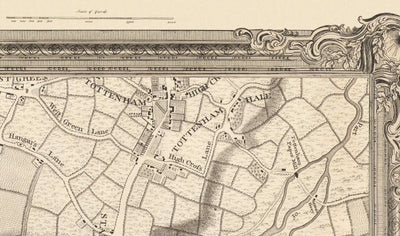 Ancienne carte du nord de Londres en 1746 par John Rocque - Highgate, Clapton, Stoke Newington, Tottenham, NW5, NW1, N1, N7, N5, N16, N4, N9, N6, E5, E8, E9