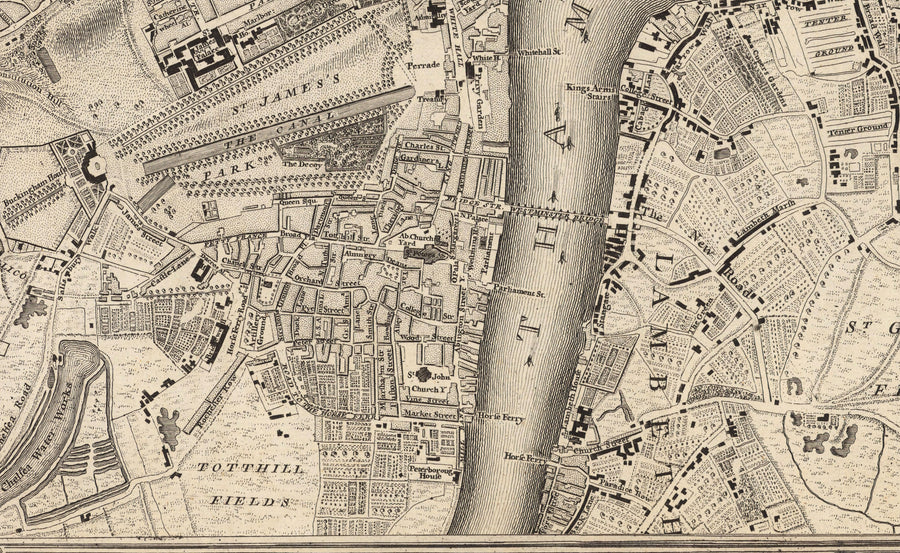 Ancienne carte du centre de Londres en 1746 par John Rocque - Westminster, Waterloo, The City, Islington WC1, WC2, W1, N1, E1, E2, EC1, EC2, EC3, EC4, SW1, SE1, SE16