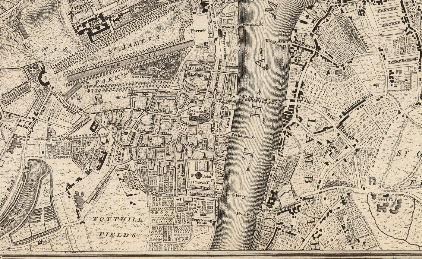 Alte Karte von Zentral-London im Jahr 1746 von John Rocque - Westminster, Waterloo, Die Stadt, Islington WC1, WC2, W1, N1, E1, E2, EC1, EC2, EC3, EC4, SW1, SE1, SE16 
