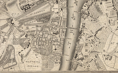 Alte Karte von Zentral-London im Jahr 1746 von John Rocque - Westminster, Waterloo, Die Stadt, Islington WC1, WC2, W1, N1, E1, E2, EC1, EC2, EC3, EC4, SW1, SE1, SE16 