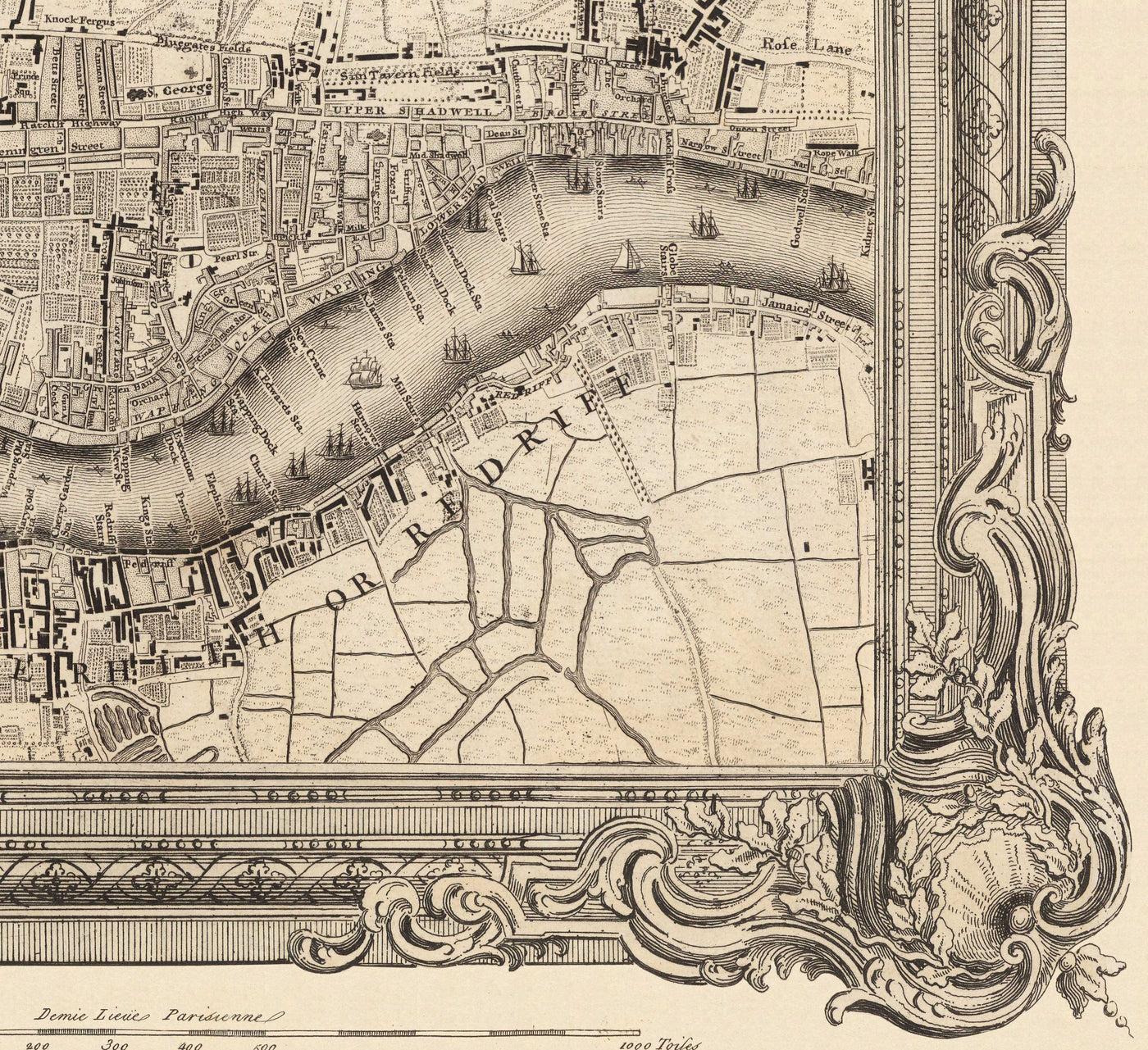 Alte Karte von Zentral-London im Jahr 1746 von John Rocque - Westminster, Waterloo, Die Stadt, Islington WC1, WC2, W1, N1, E1, E2, EC1, EC2, EC3, EC4, SW1, SE1, SE16 