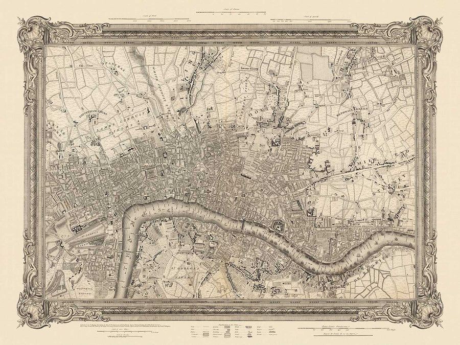 Ancienne carte du centre de Londres en 1746 par John Rocque - Westminster, Waterloo, The City, Islington WC1, WC2, W1, N1, E1, E2, EC1, EC2, EC3, EC4, SW1, SE1, SE16