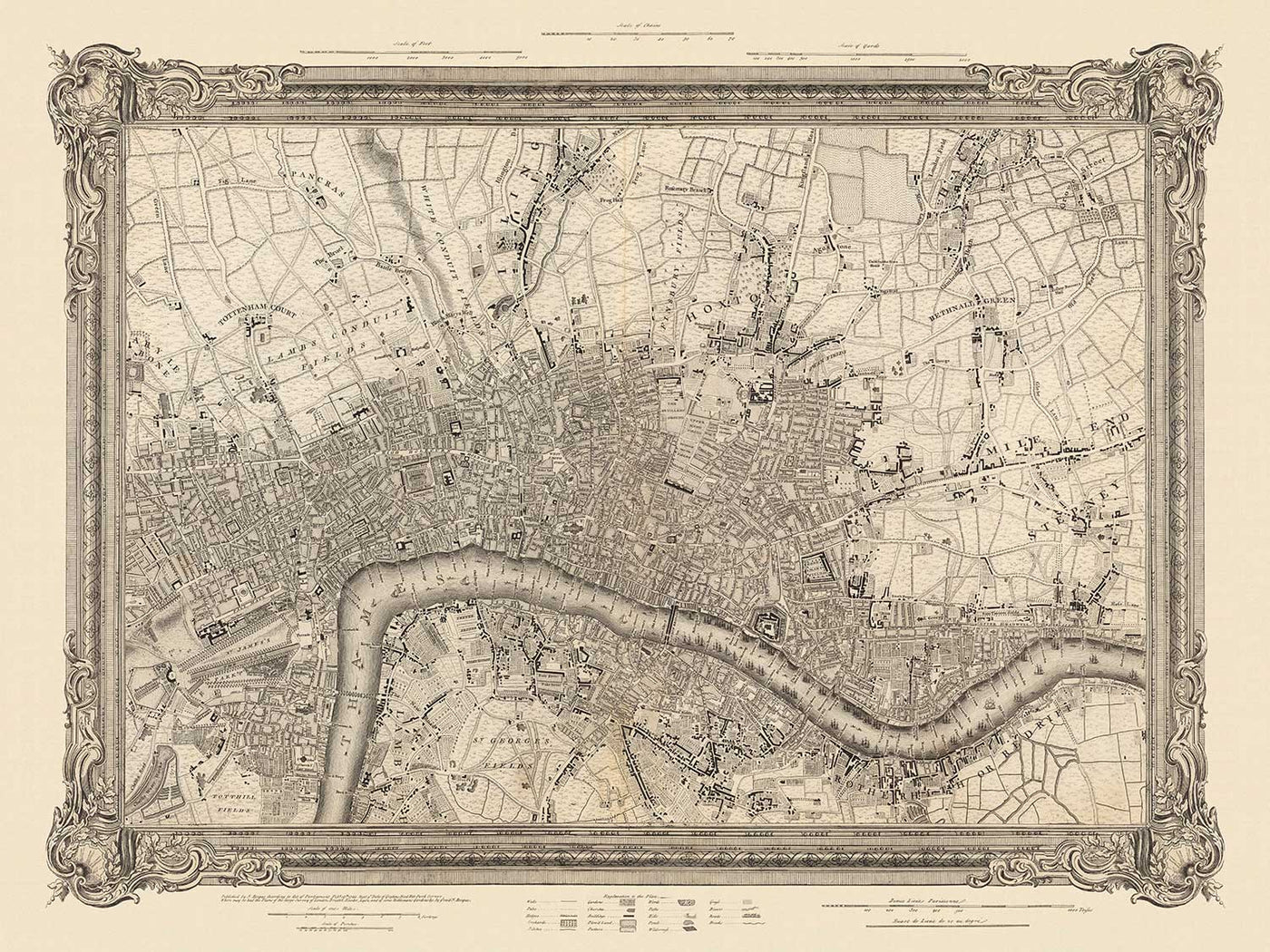 Alte Karte von Zentral-London im Jahr 1746 von John Rocque - Westminster, Waterloo, Die Stadt, Islington WC1, WC2, W1, N1, E1, E2, EC1, EC2, EC3, EC4, SW1, SE1, SE16 