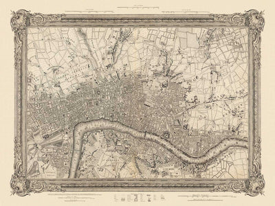Alte Karte von Zentral-London im Jahr 1746 von John Rocque - Westminster, Waterloo, Die Stadt, Islington WC1, WC2, W1, N1, E1, E2, EC1, EC2, EC3, EC4, SW1, SE1, SE16 