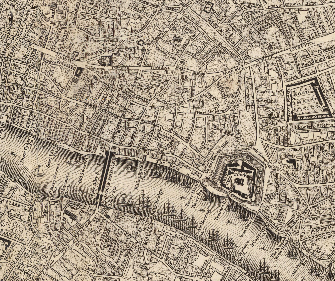 Alte Karte von Zentral-London im Jahr 1746 von John Rocque - Westminster, Waterloo, Die Stadt, Islington WC1, WC2, W1, N1, E1, E2, EC1, EC2, EC3, EC4, SW1, SE1, SE16 