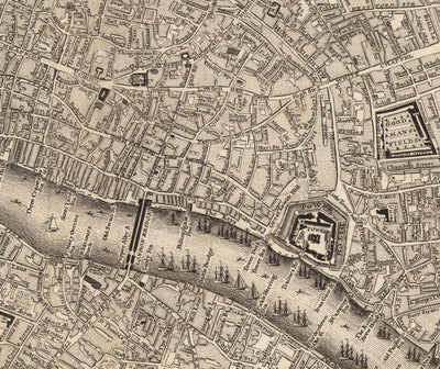 Alte Karte von Zentral-London im Jahr 1746 von John Rocque - Westminster, Waterloo, Die Stadt, Islington WC1, WC2, W1, N1, E1, E2, EC1, EC2, EC3, EC4, SW1, SE1, SE16 
