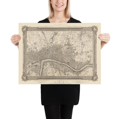 Ancienne carte du centre de Londres en 1746 par John Rocque - Westminster, Waterloo, The City, Islington WC1, WC2, W1, N1, E1, E2, EC1, EC2, EC3, EC4, SW1, SE1, SE16