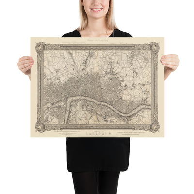 Alte Karte von Zentral-London im Jahr 1746 von John Rocque - Westminster, Waterloo, Die Stadt, Islington WC1, WC2, W1, N1, E1, E2, EC1, EC2, EC3, EC4, SW1, SE1, SE16 