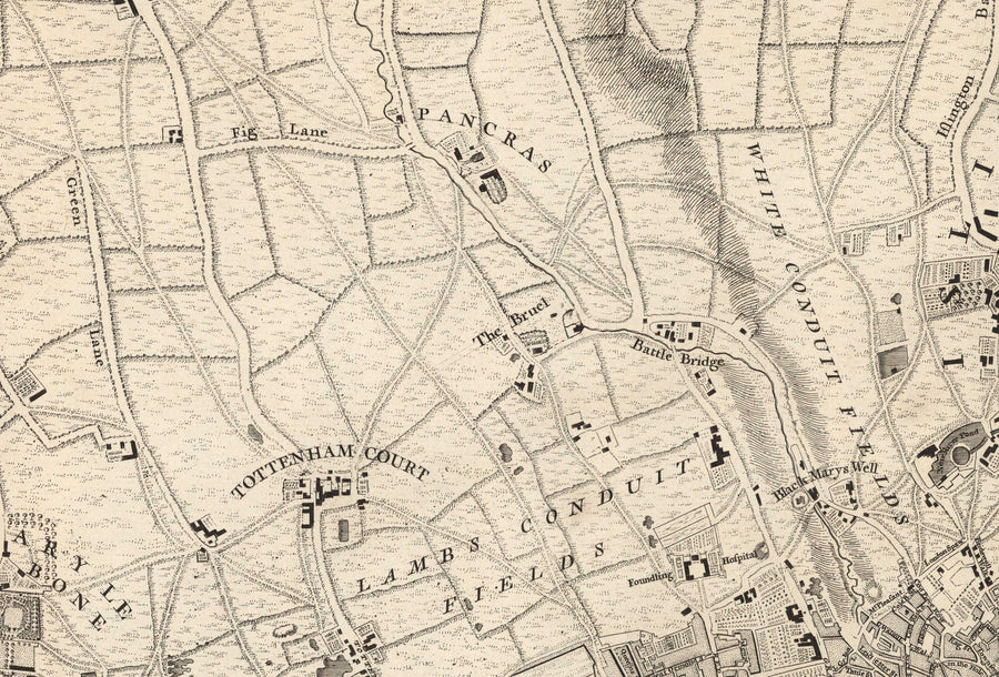 Ancienne carte du centre de Londres en 1746 par John Rocque - Westminster, Waterloo, The City, Islington WC1, WC2, W1, N1, E1, E2, EC1, EC2, EC3, EC4, SW1, SE1, SE16