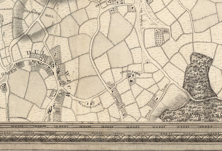 Mappa antica di South London nel 1746 di John Rocque - Peckham, Camberwell, Vauxhall, Dulwich, Lambeth, SW2, SW4, SW8, SW9, SE5, SE15, SE22, SE24 