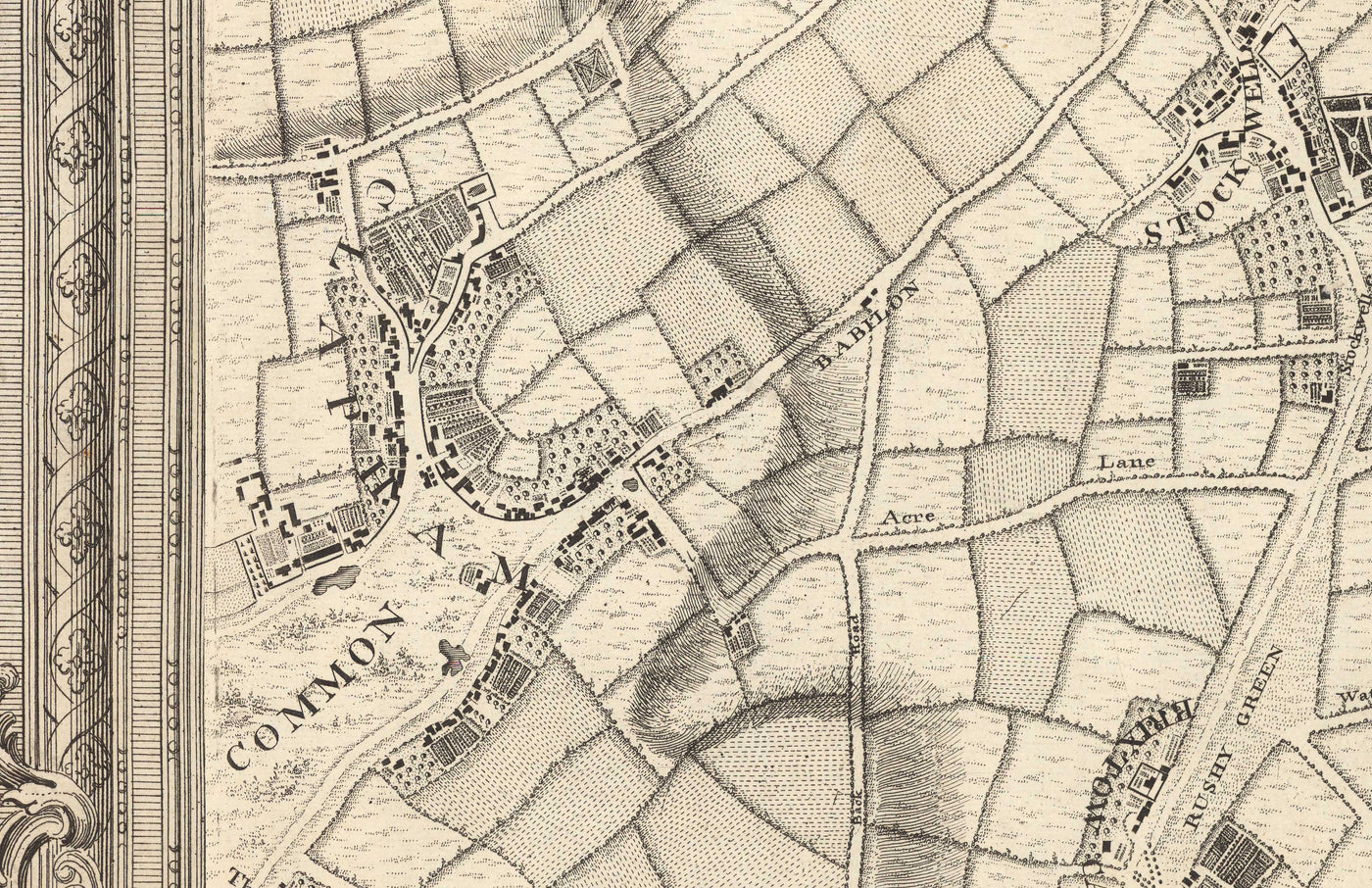 Ancienne carte du sud de Londres en 1746 par John Rocque - Peckham, Camberwell, Vauxhall, Dulwich, Lambeth, SW2, SW4, SW8, SW9, SE5, SE15, SE22, SE24