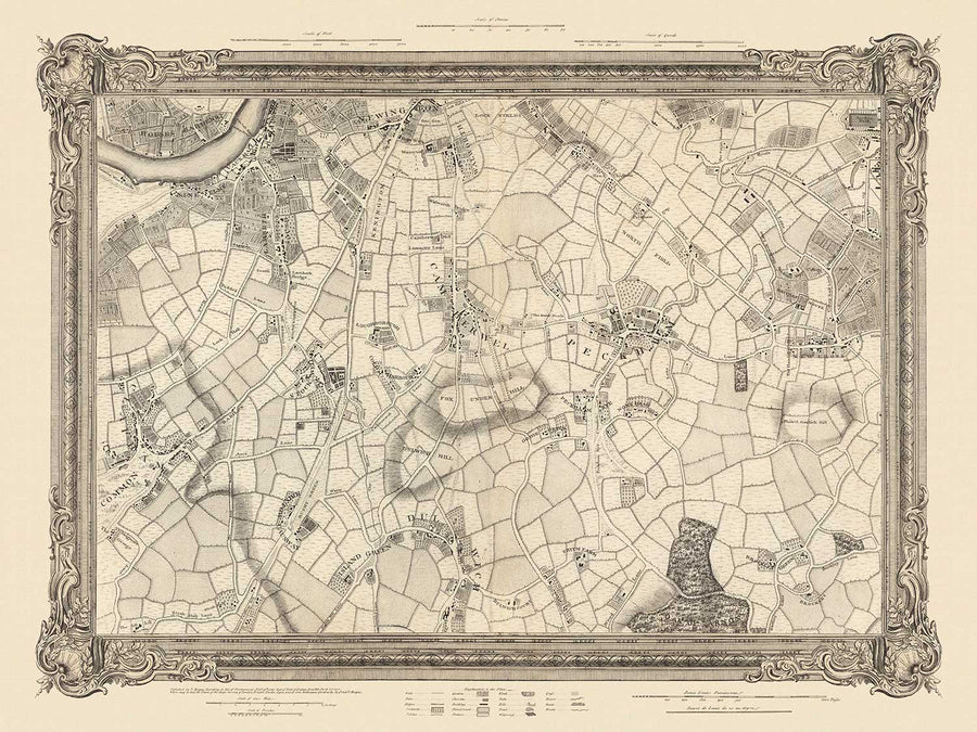 Mappa antica di South London nel 1746 di John Rocque - Peckham, Camberwell, Vauxhall, Dulwich, Lambeth, SW2, SW4, SW8, SW9, SE5, SE15, SE22, SE24 