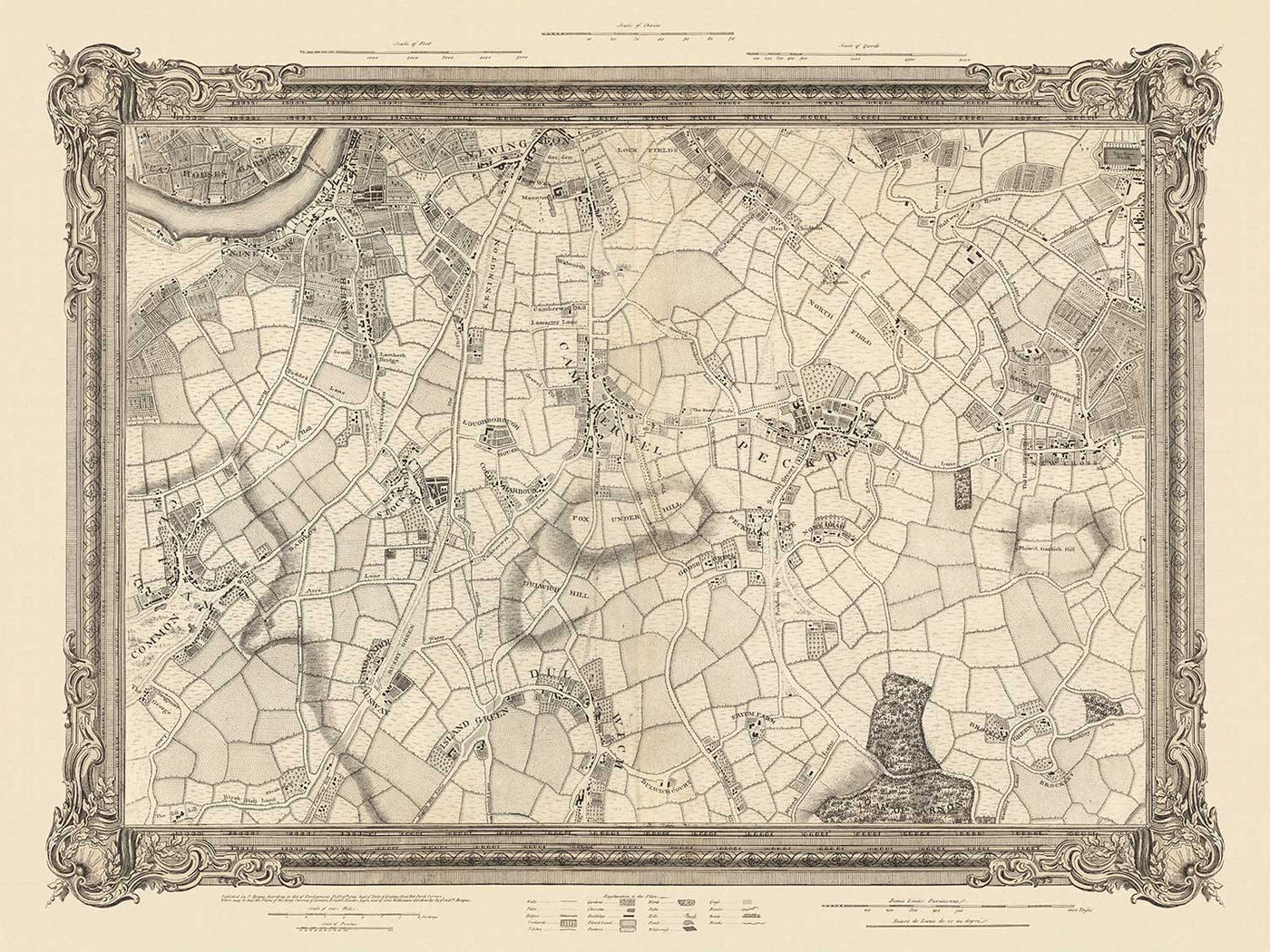 Ancienne carte du sud de Londres en 1746 par John Rocque - Peckham, Camberwell, Vauxhall, Dulwich, Lambeth, SW2, SW4, SW8, SW9, SE5, SE15, SE22, SE24