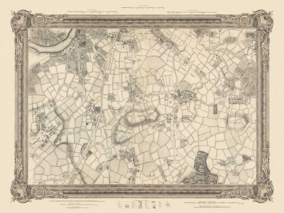 Ancienne carte du sud de Londres en 1746 par John Rocque - Peckham, Camberwell, Vauxhall, Dulwich, Lambeth, SW2, SW4, SW8, SW9, SE5, SE15, SE22, SE24