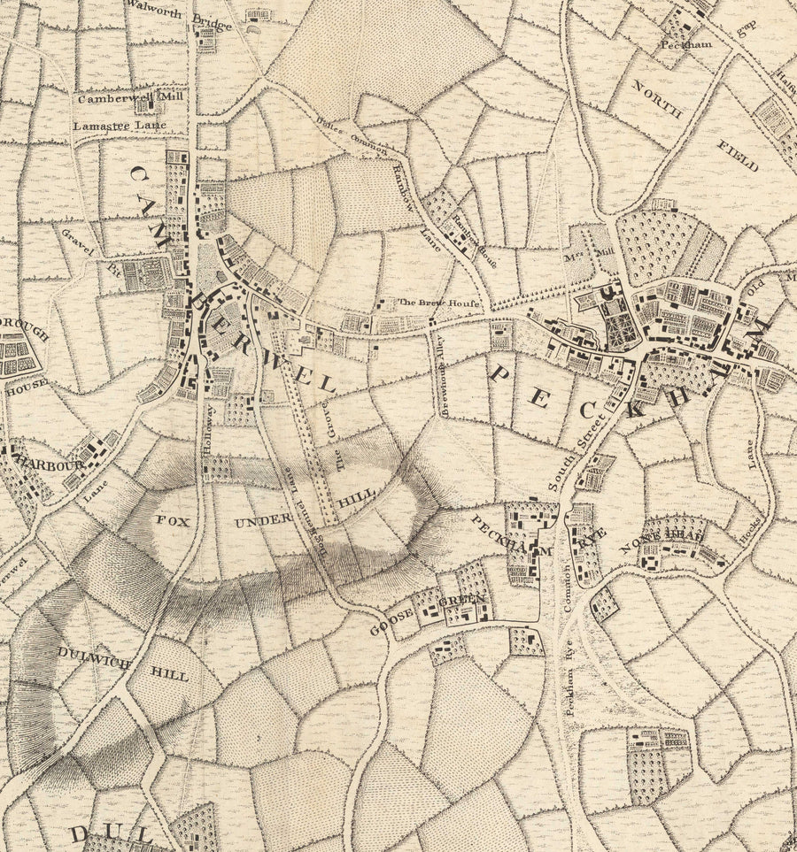 Mappa antica di South London nel 1746 di John Rocque - Peckham, Camberwell, Vauxhall, Dulwich, Lambeth, SW2, SW4, SW8, SW9, SE5, SE15, SE22, SE24 