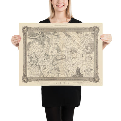 Ancienne carte du sud de Londres en 1746 par John Rocque - Peckham, Camberwell, Vauxhall, Dulwich, Lambeth, SW2, SW4, SW8, SW9, SE5, SE15, SE22, SE24