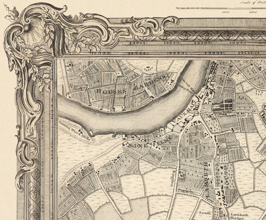 Mappa antica di South London nel 1746 di John Rocque - Peckham, Camberwell, Vauxhall, Dulwich, Lambeth, SW2, SW4, SW8, SW9, SE5, SE15, SE22, SE24 