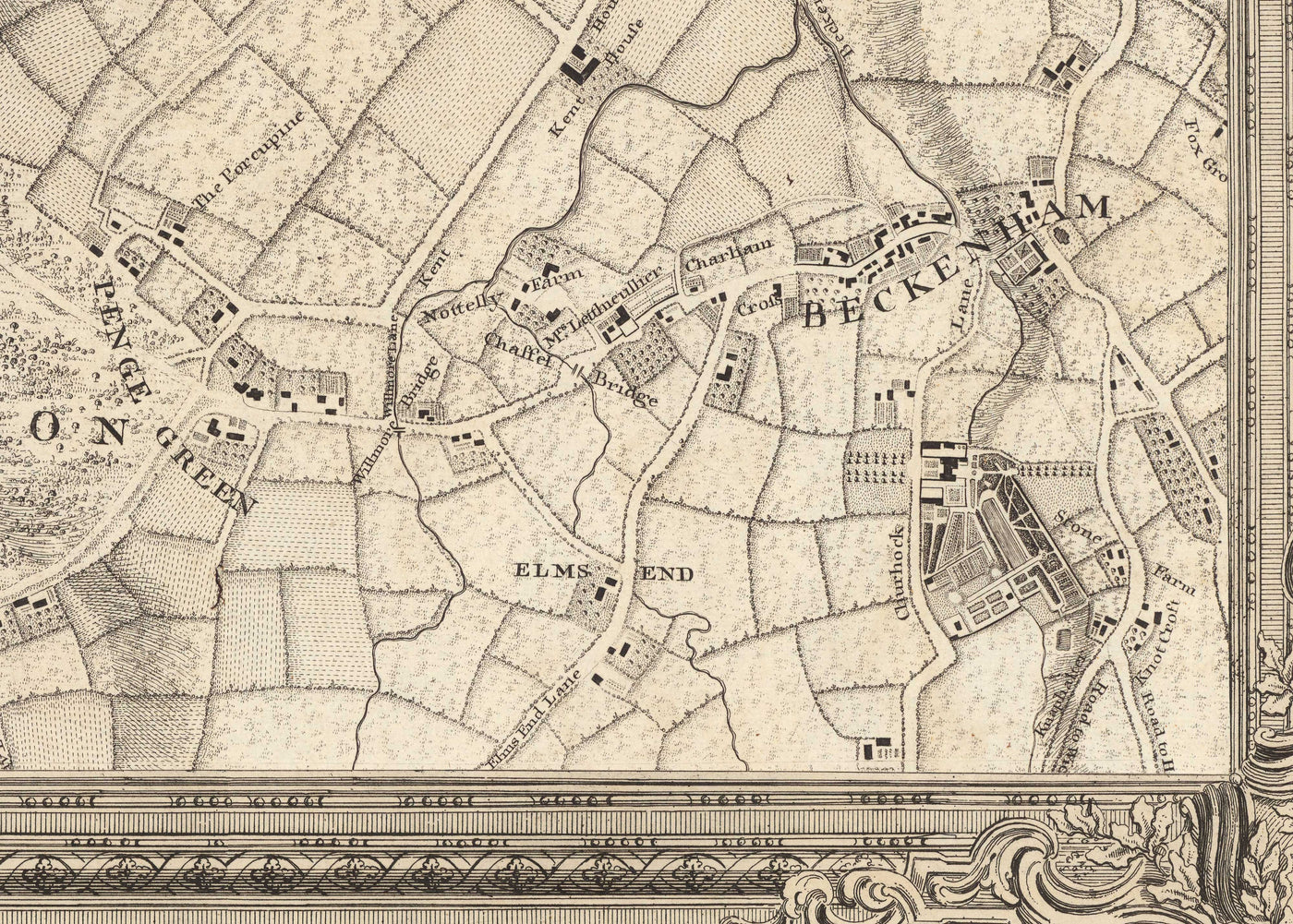 Alte Karte von Südostlondon im Jahr 1746 von John Rocque - Streatham, Beckenham, Sydenham, Knights Hill, Norwood, SE19, SE21, SE23, SE26, SE27, SW2, SW16 