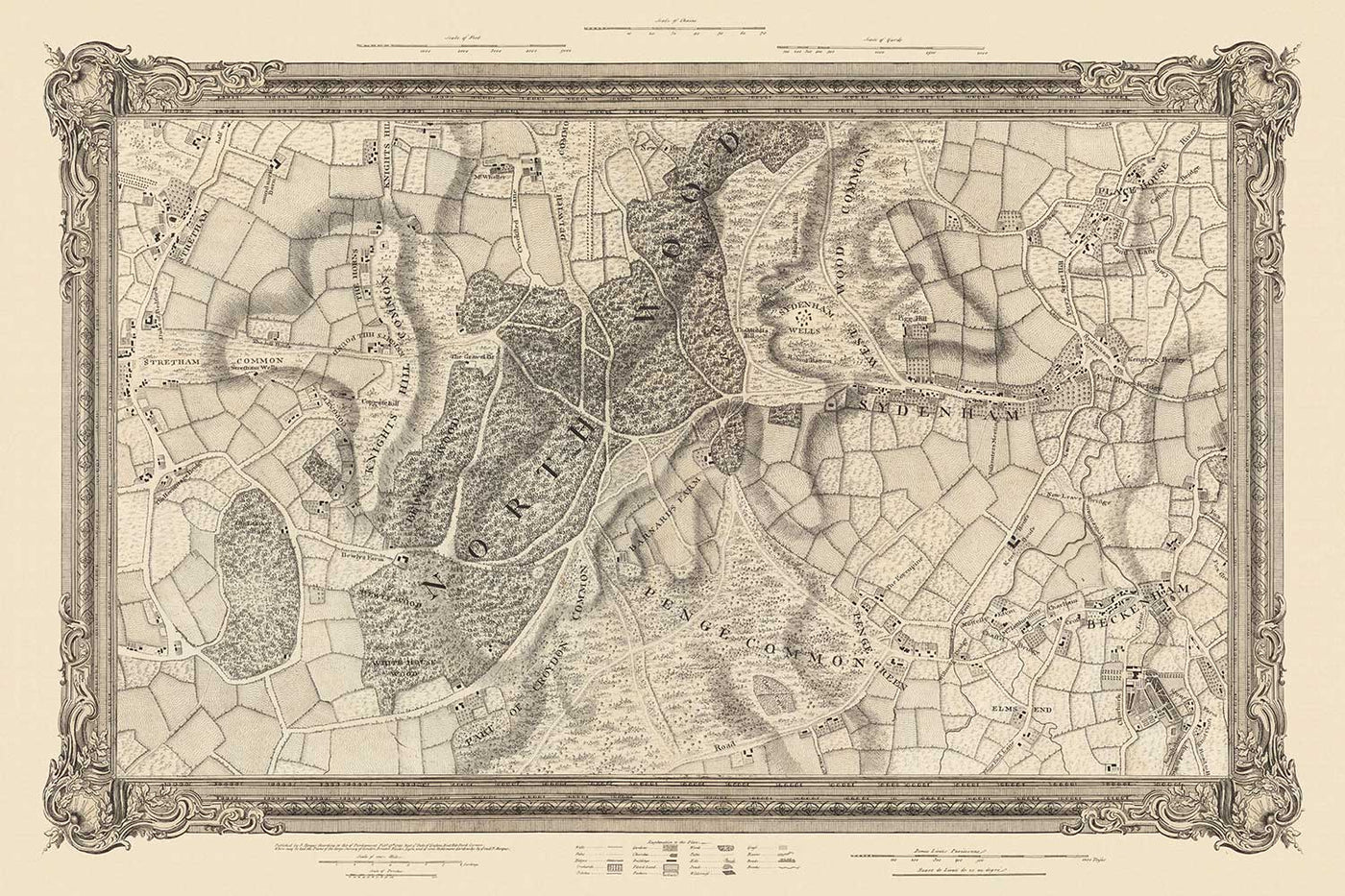 Alte Karte von Südostlondon im Jahr 1746 von John Rocque - Streatham, Beckenham, Sydenham, Knights Hill, Norwood, SE19, SE21, SE23, SE26, SE27, SW2, SW16 