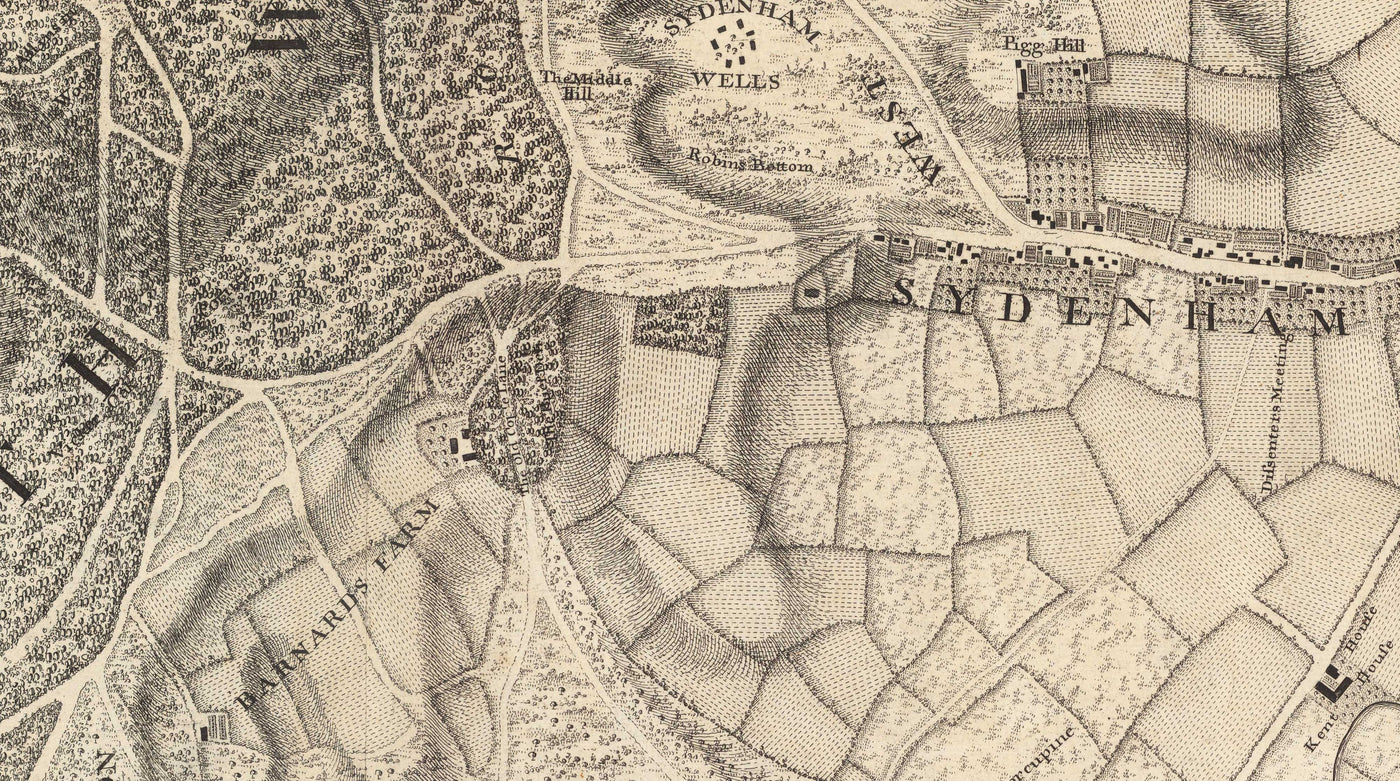 Alte Karte von Südostlondon im Jahr 1746 von John Rocque - Streatham, Beckenham, Sydenham, Knights Hill, Norwood, SE19, SE21, SE23, SE26, SE27, SW2, SW16 