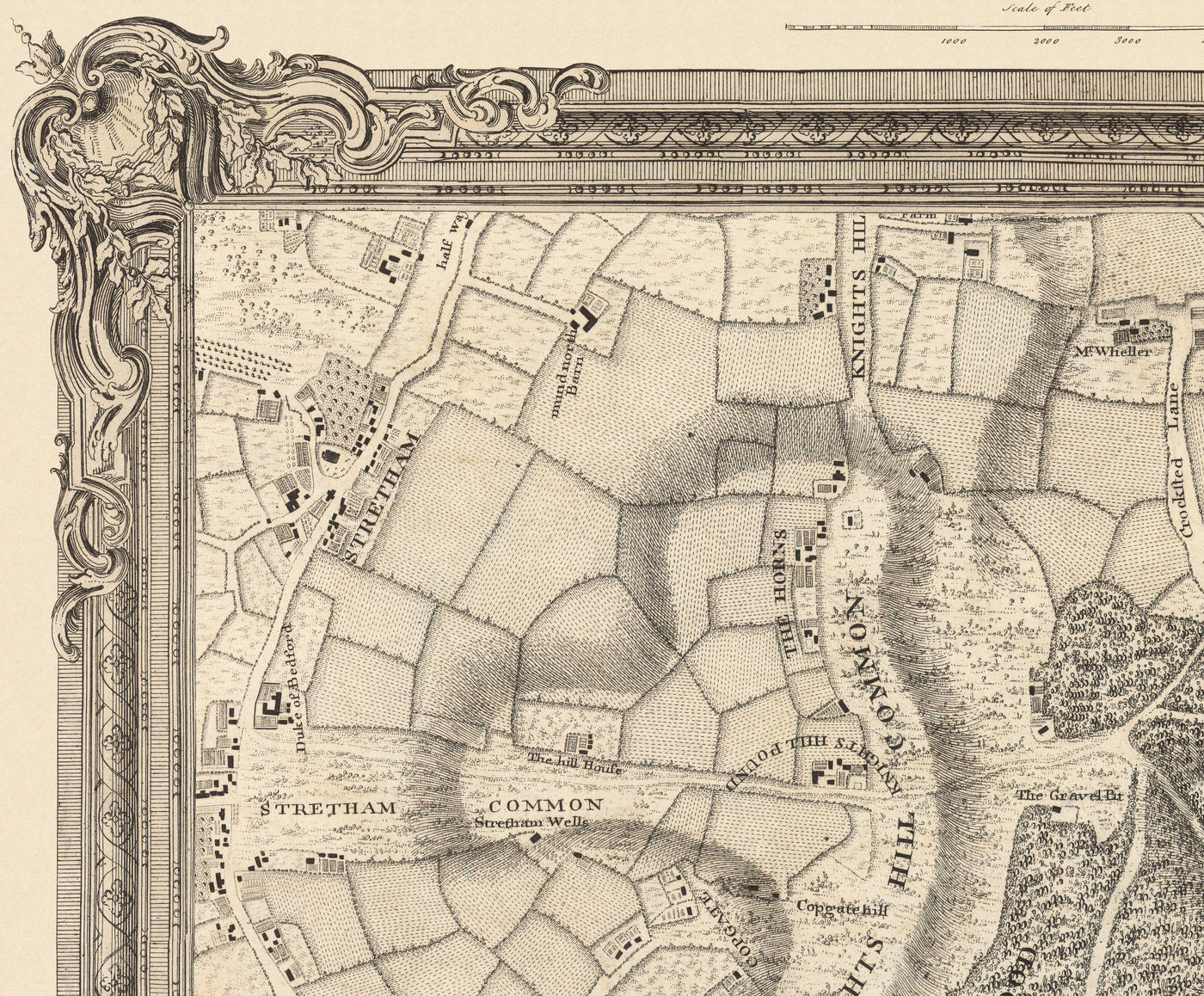 Alte Karte von Südostlondon im Jahr 1746 von John Rocque - Streatham, Beckenham, Sydenham, Knights Hill, Norwood, SE19, SE21, SE23, SE26, SE27, SW2, SW16 