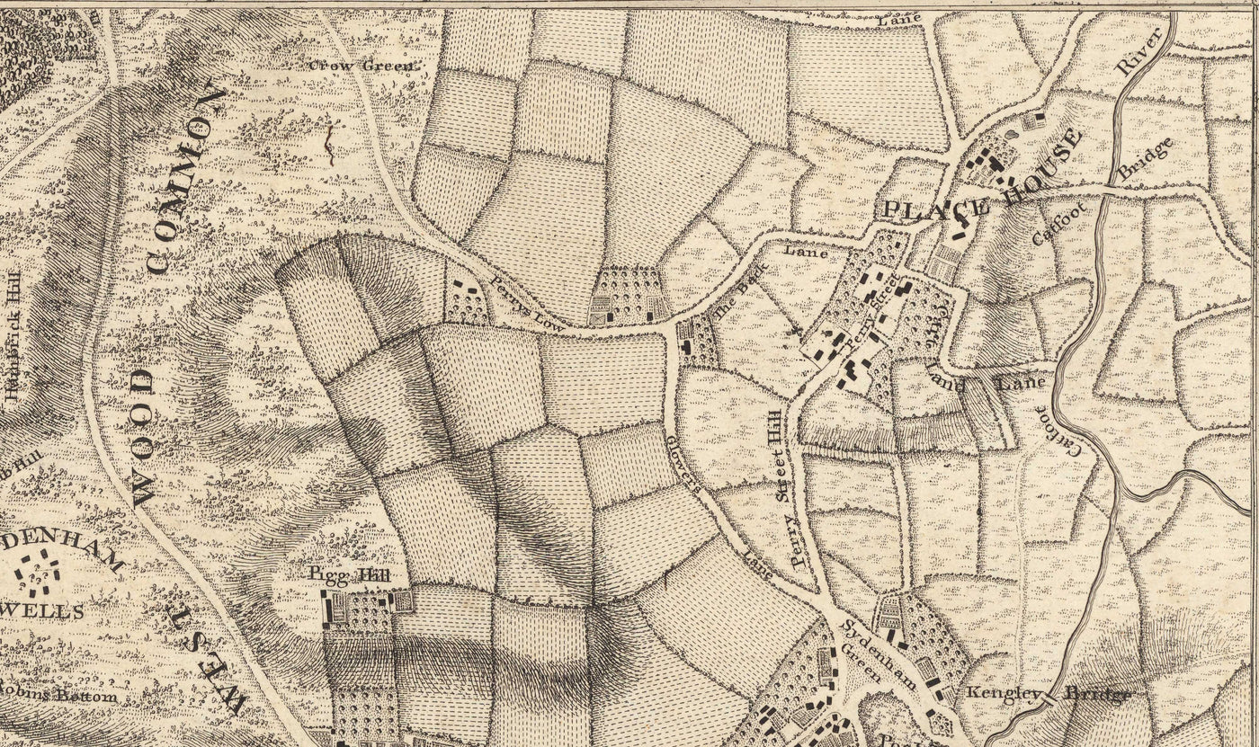 Alte Karte von Südostlondon im Jahr 1746 von John Rocque - Streatham, Beckenham, Sydenham, Knights Hill, Norwood, SE19, SE21, SE23, SE26, SE27, SW2, SW16 