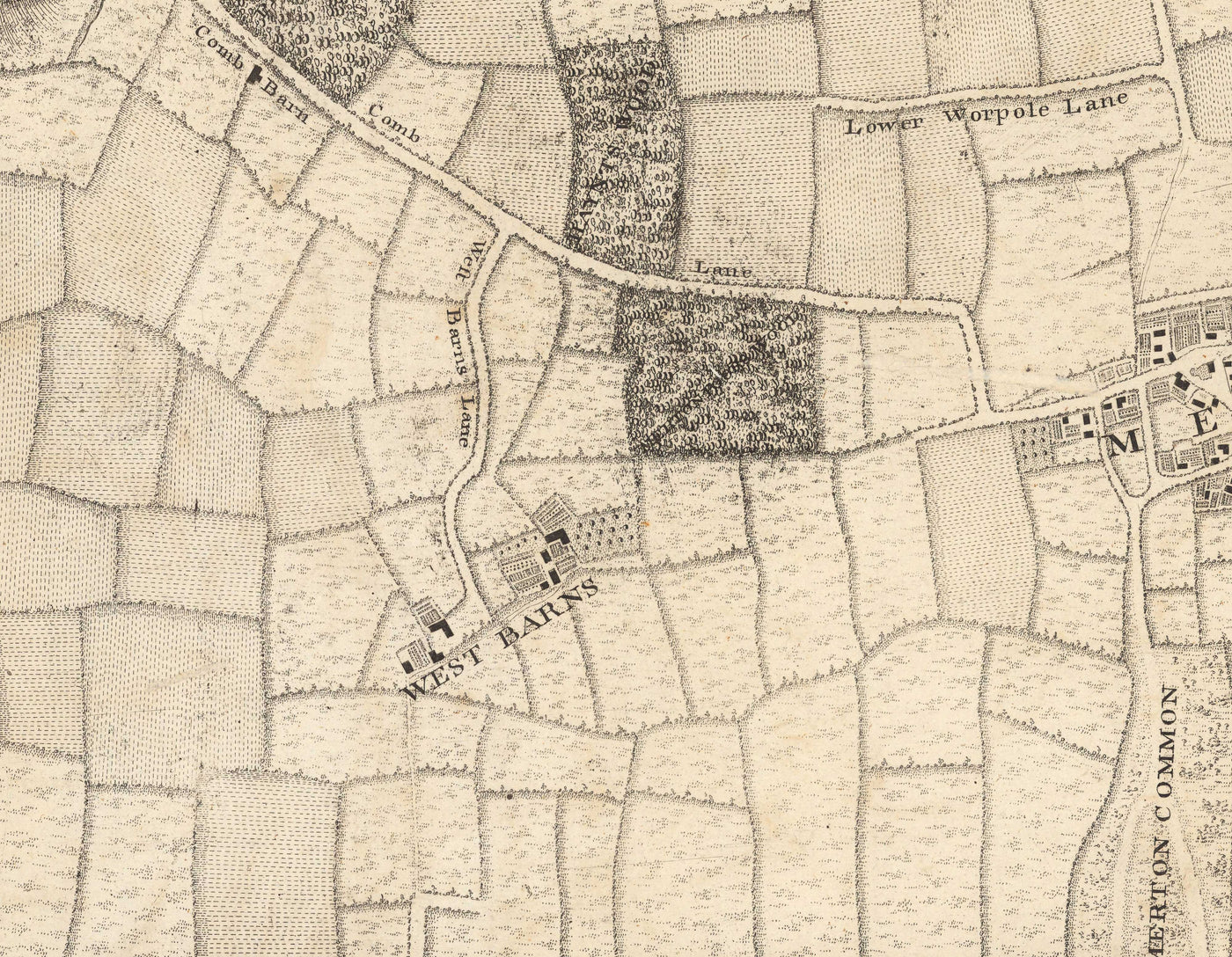 Old Map of South West London in 1746 by John Rocque - Wimbledon, Tooting, Merton, Mitcham, Morden, SW12, SW15, SW17, SW18, SW19, SW20