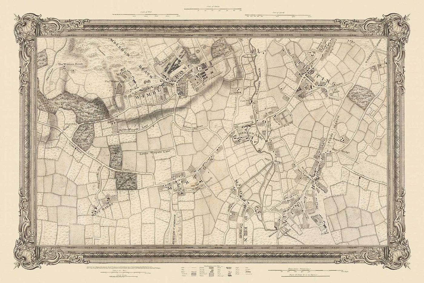 Old Map of South West London in 1746 by John Rocque - Wimbledon, Tooting, Merton, Mitcham, Morden, SW12, SW15, SW17, SW18, SW19, SW20