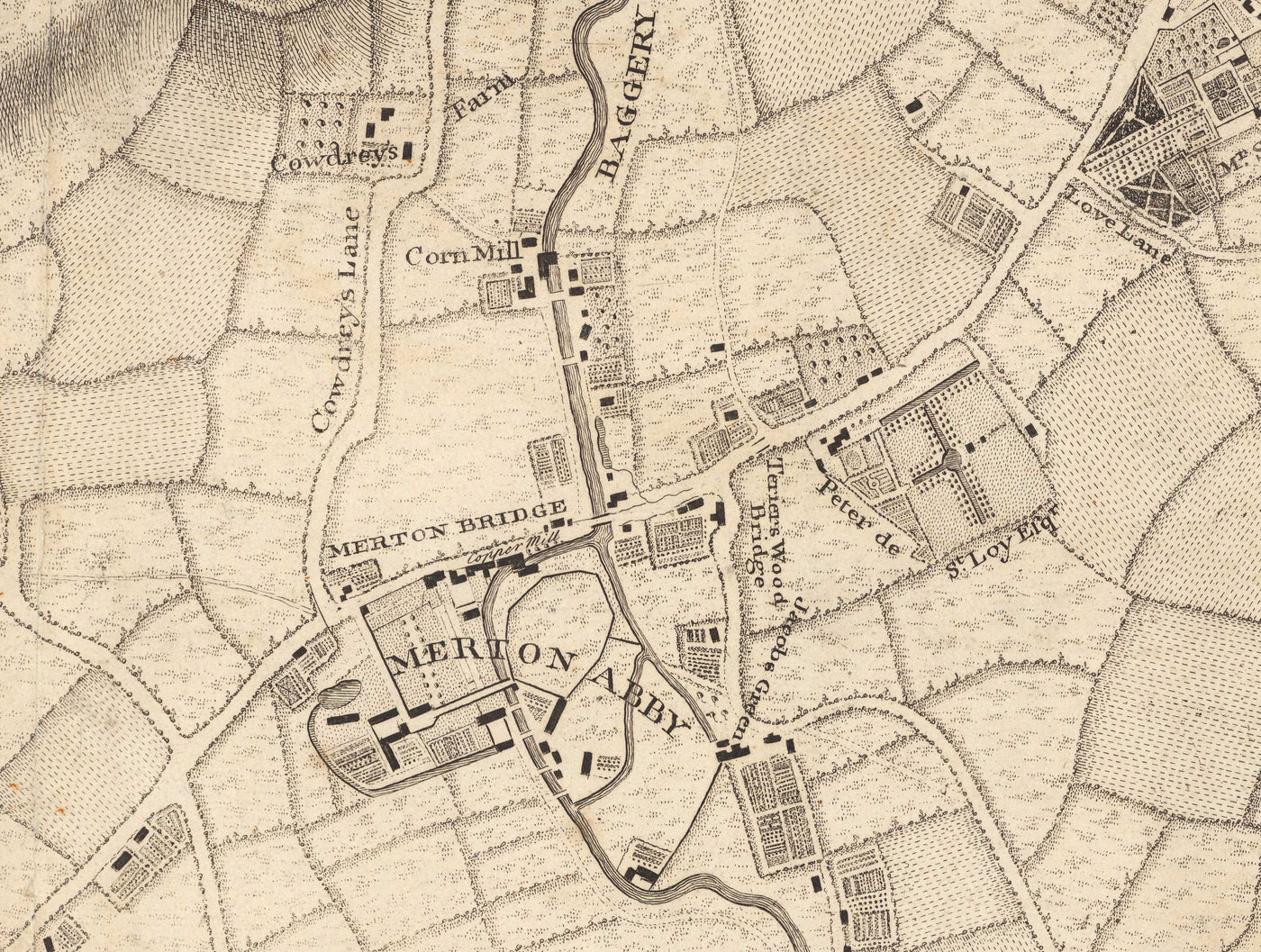 Old Map of South West London in 1746 by John Rocque - Wimbledon, Tooting, Merton, Mitcham, Morden, SW12, SW15, SW17, SW18, SW19, SW20