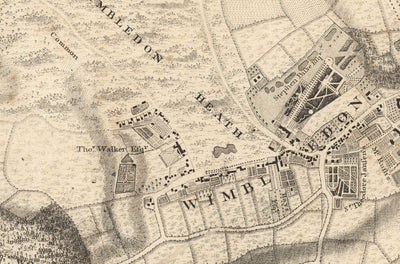 Old Map of South West London in 1746 by John Rocque - Wimbledon, Tooting, Merton, Mitcham, Morden, SW12, SW15, SW17, SW18, SW19, SW20