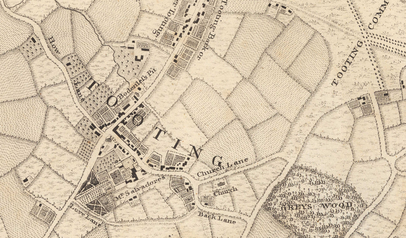 Old Map of South West London in 1746 by John Rocque - Wimbledon, Tooting, Merton, Mitcham, Morden, SW12, SW15, SW17, SW18, SW19, SW20