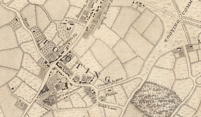 Old Map of South West London in 1746 by John Rocque - Wimbledon, Tooting, Merton, Mitcham, Morden, SW12, SW15, SW17, SW18, SW19, SW20