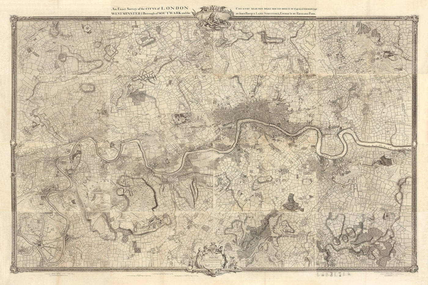 Antiguo mapa de Londres y 10 millas a la redonda, realizado por John Rocque en 1746, en el que aparecen Hackney, Wimbledon, Highgate, Richmond y otros suburbios de Londres