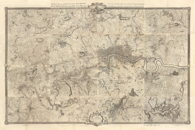 Antiguo mapa de Londres y 10 millas a la redonda, realizado por John Rocque en 1746, en el que aparecen Hackney, Wimbledon, Highgate, Richmond y otros suburbios de Londres