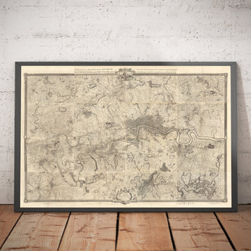 Alte Karte von London und 10 Meilen Umgebung von John Rocque im Jahr 1746 - mit Hackney, Wimbledon, Highgate, Richmond und anderen Londoner Vororten 