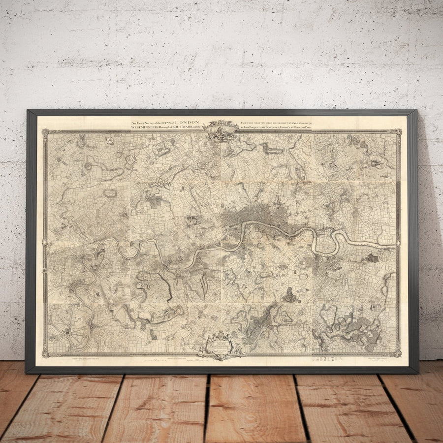 Ancienne carte de Londres et de 10 miles autour par John Rocque en 1746 - avec Hackney, Wimbledon, Highgate, Richmond et d&