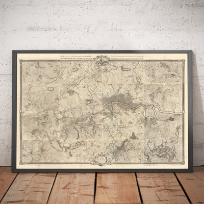 Antiguo mapa de Londres y 10 millas a la redonda, realizado por John Rocque en 1746, en el que aparecen Hackney, Wimbledon, Highgate, Richmond y otros suburbios de Londres