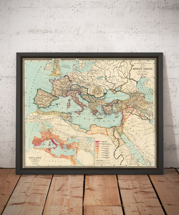 Mapa del mundo del antiguo Imperio Romano desde 266 a.C. hasta 305 d.C. por Perthes & Kampen, 1889 - Mapa raro del Imperio Bizantino, del Imperio Romano de Occidente y Oriente y sus caminos 