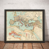 Old Roman Empire World Map From 266BC to 305AD by Perthes & Kampen, 1889 - Rare Map of Byzantine, West and East Roman Empire & Roads
