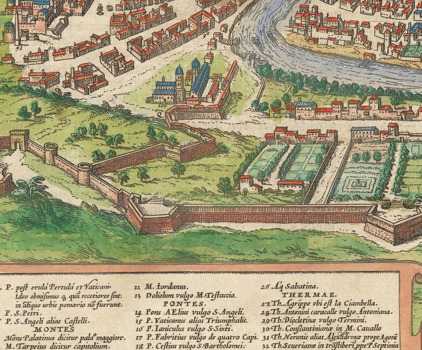 Alte Karte von Rom, 1572 von Braun - Vatikanstadt, Papstpalast, Forum, Pantheon, antike Ruinen, Kolosseum 
