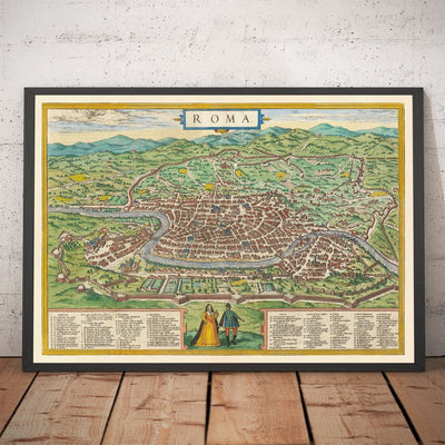 Alte Karte von Rom, 1572 von Braun - Vatikanstadt, Papstpalast, Forum, Pantheon, antike Ruinen, Kolosseum 