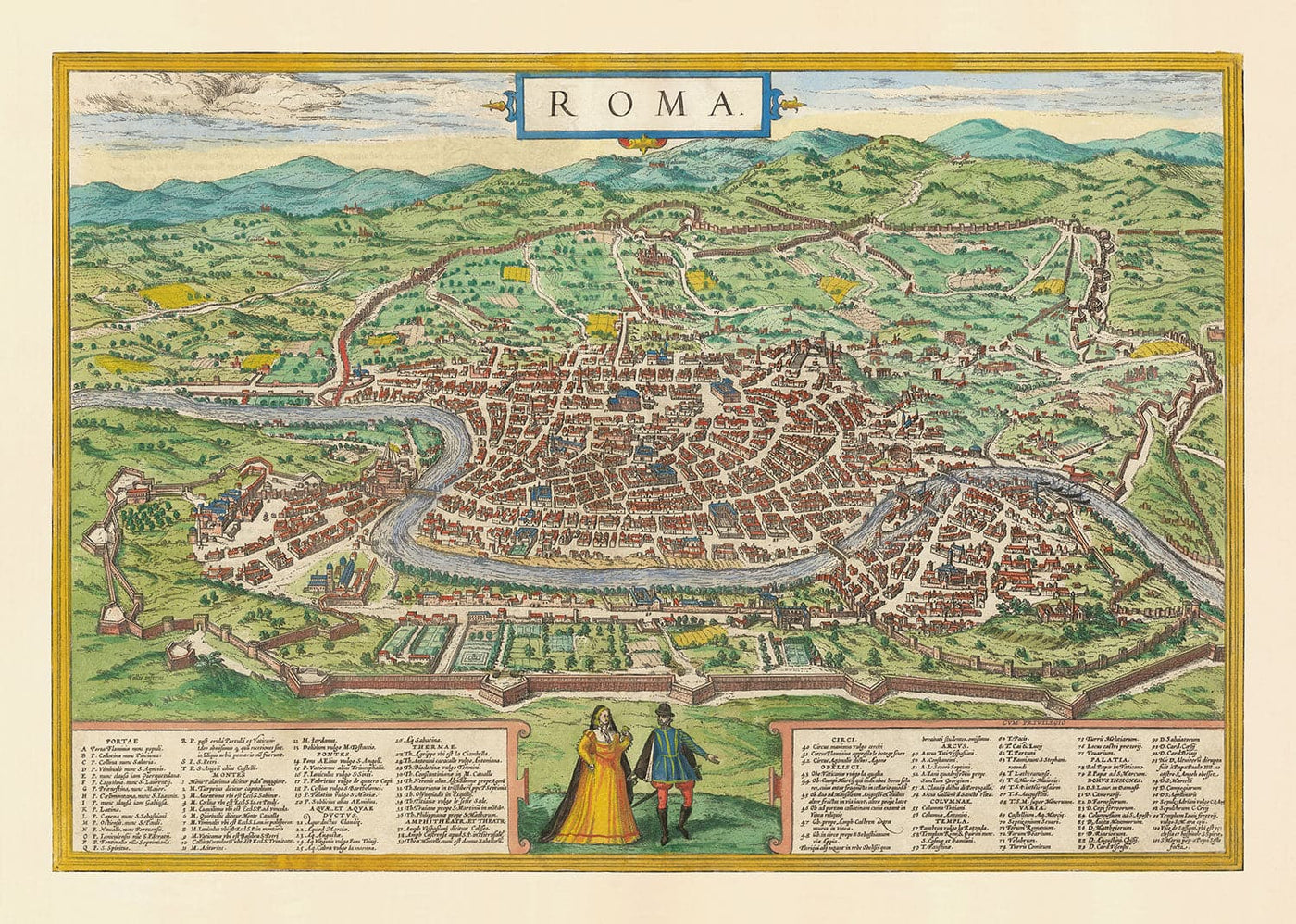 Alte Karte von Rom, 1572 von Braun - Vatikanstadt, Papstpalast, Forum, Pantheon, antike Ruinen, Kolosseum 