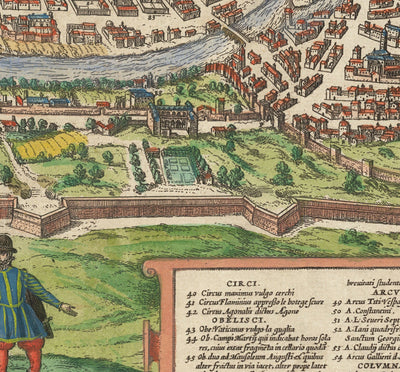 Alte Karte von Rom, 1572 von Braun - Vatikanstadt, Papstpalast, Forum, Pantheon, antike Ruinen, Kolosseum 