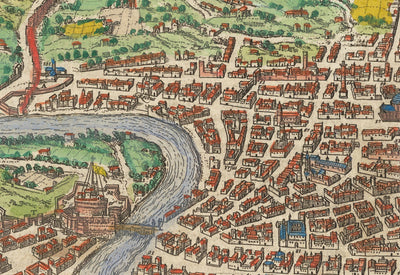 Alte Karte von Rom, 1572 von Braun - Vatikanstadt, Papstpalast, Forum, Pantheon, antike Ruinen, Kolosseum 