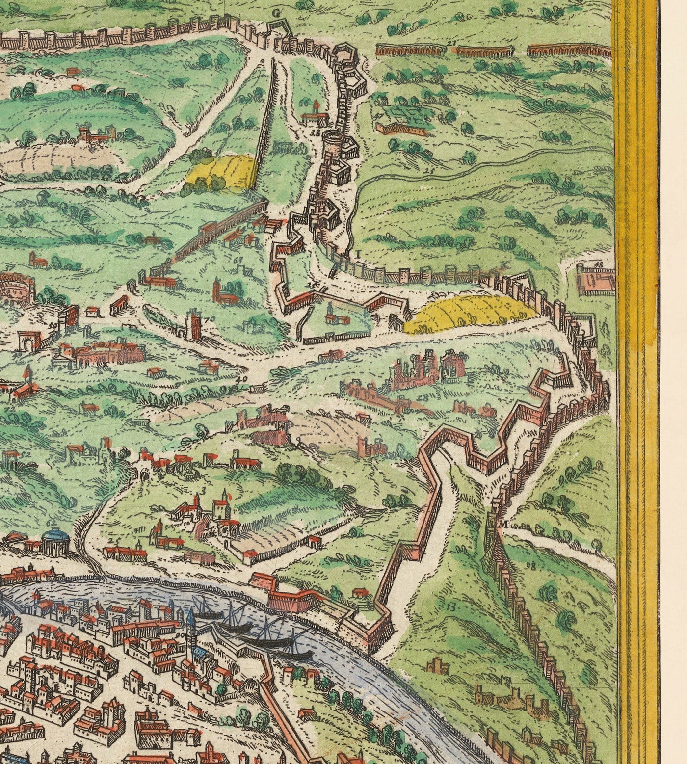 Alte Karte von Rom, 1572 von Braun - Vatikanstadt, Papstpalast, Forum, Pantheon, antike Ruinen, Kolosseum 