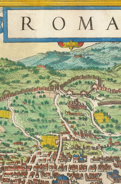 Alte Karte von Rom, 1572 von Braun - Vatikanstadt, Papstpalast, Forum, Pantheon, antike Ruinen, Kolosseum 