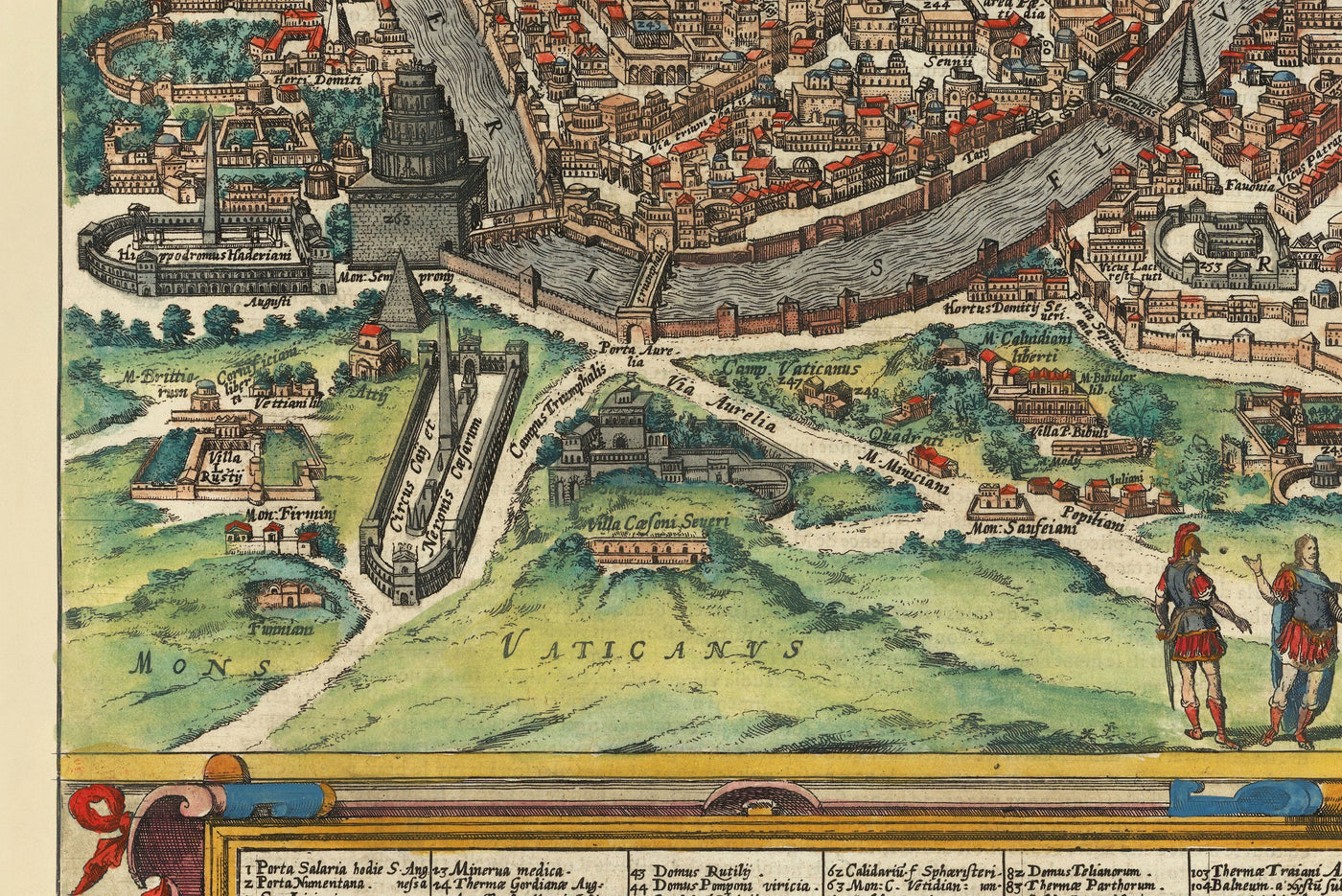 Ancienne carte de Rome, 1588 par Georg Braun - Forum, Panthéon, Circus Maximus, Colisée, Vatican