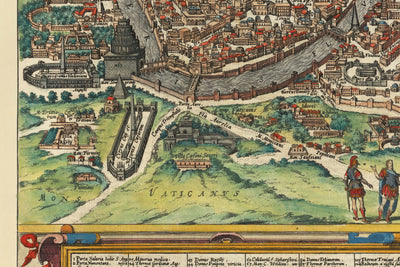Ancienne carte de Rome, 1588 par Georg Braun - Forum, Panthéon, Circus Maximus, Colisée, Vatican