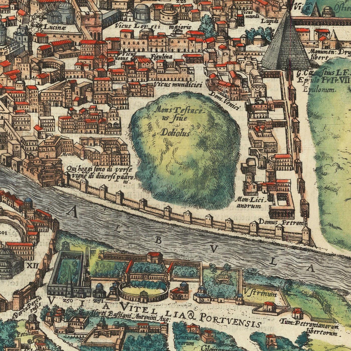 Ancienne carte de Rome, 1588 par Georg Braun - Forum, Panthéon, Circus Maximus, Colisée, Vatican